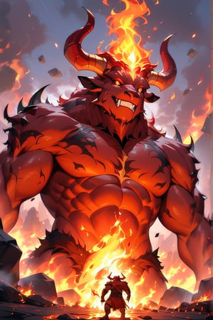 flame demon, fire, flames, smoke, evil grin, (minotaur), bull monster, from below, upper body, 
monster, fire, stone road, flame , Medieval,,surrounding by fire,flame around the monster,flying debris,FuturEvoLabFlame,ink paint