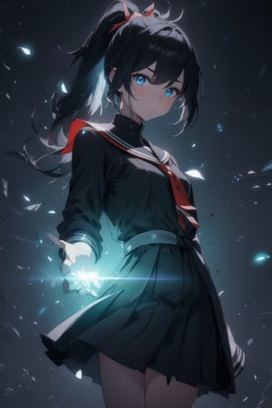 anime style beautiful woman, 1girl, (ponytail), black hair, (long hair), (((sad))), 
Slender, skinny, (turime), thick eyebrows, 
(school uniform), (sailor uniform), ((red sailor tie)), (white sailor blouse), 
((Gorgeous fantasy masterpiece in dark color tone)), 
vibrant colors, sharp focus, best quality, depth of field, cinematic lighting, (illustration, 8k CG, extremely detailed), ultra-detailed, high resolution, firefliesfireflies, perfect light, 
stylish pose, 8k, very clear, highest quality, high resolution. best quality, illustration, sax blue, 1girl, cute, (dynamic lighting:1.2), cinematic lighting, delicate facial features, detailed eyes, sharp pupils, realistic pupils, depth of field, bokeh, sharp focus, (hyper-detailed, bloom, glow:1.4), many small gems,leviathandef,dragonbaby,nodf_lora,MONOCHROME GLOWING