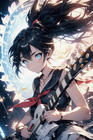 anime style beautiful woman, (1girl), (ponytail), black hair, (long hair), 
Slender, skinny, (turime), thick eyebrows, 
(school uniform), (sailor uniform), ((red sailor tie)), (white sailor blouse), cleavage cutout, navel,  sleeveless, bare shoulders, 
(((guitar, instrument, electric guitar, bass guitar, amplifier, gibson les paul, drum, acoustic guitar, speaker))), 
vibrant colors, sharp focus, best quality, depth of field, cinematic lighting, (illustration, 8k CG, extremely detailed), ultra-detailed, high resolution, firefliesfireflies, perfect light, 
stylish pose, 8k, very clear, highest quality, high resolution. best quality, illustration, sax blue, 1girl, cute, (dynamic lighting:1.2), cinematic lighting, delicate facial features, detailed eyes, sharp pupils, realistic pupils, depth of field, bokeh, sharp focus, (hyper-detailed, bloom, glow:1.4), many small gems