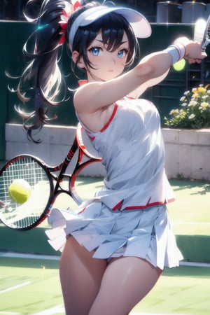 Paris Olympics, (((tennis))), (white, red, blue, tricolor color), 
visor cap, white dress, short dress, sleeveless, wristband, tennis uniform, (one tennis racket),  
anime style beautiful woman, 1girl, (ponytail), black hair, (long hair), 

Slender, skinny, (turime), thick eyebrows, 

vibrant colors, sharp focus, best quality, depth of field, cinematic lighting, (illustration, 8k CG, extremely detailed), ultra-detailed, high resolution, firefliesfireflies, perfect light, 
stylish pose, 8k, very clear, highest quality, high resolution. best quality, illustration, sax blue, 1girl, cute, (dynamic lighting:1.2), cinematic lighting, delicate facial features, detailed eyes, sharp pupils, realistic pupils, depth of field, bokeh, sharp focus, (hyper-detailed, bloom, glow:1.4), many small gems