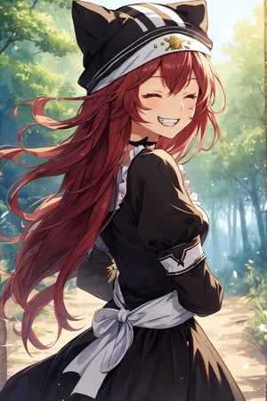 upusregina beta, evil grin, laughing, one eye closed, looking back, arms on head, outdoors, forest, trees, BETA, masterpiece, best quality, high quality, highres, absurdres, 1girl, solo, animal hat, anime coloring, maid, puffy short sleeves, black headwear, collarbone, parody, official style, black choker, alternate costume, bridal gauntlets, black dress, white shirt, ess, dress, frills, long sleeves, maid, maid headdress, puffy sleeves, looking at viewer, masterpiece, best quality, high resolution, l

