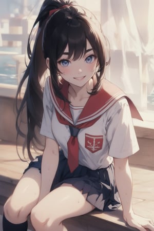 anime style beautiful woman, 1girl, (ponytail), black hair, (long hair), 
(smile), full body, 
Slender, skinny, (turime), thick eyebrows, 
(school uniform), (sailor uniform), ((red sailor tie)), (white sailor blouse), 
beautiful woman, highest quality, high resolution, best quality, highest quality, high resolution, 18-year-old girl, light smile, perfect shiny skin, fair skin, flawless skin, solo, sweat, simple_background, RAW photo, highest quality, High detail RAW color photo professional photo, realistic, photo realism, highest quality, best shadow, best illustration, ultra high resolution, highly detailed CG unified 8K wallpapers, physics-based rendering, depth of field, cinematic lighting, 8k, 16k