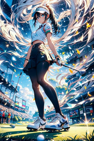 Paris Olympics, (((golf))), 
anime style beautiful woman, 1girl, (ponytail), black hair, (long hair), 
Slender, skinny, (turime), thick eyebrows, 
looking viewer, facing viewer, motion lines, stadium, olympic venues, 
 sports shorts, athletes uniforms, visor cap, polo shirt, sleeveless, skirt, 
 tight_clothes, 
((olympic rings symbol)), 
((bend forward)),((playing golf)), ((holding golf club)), ((golf course)), bent over, leaning forward, olympic rings, 
Olympic Stadium, stage, 
vibrant colors, sharp focus, best quality, depth of field, cinematic lighting, (illustration, 8k CG, extremely detailed), ultra-detailed, high resolution, firefliesfireflies, perfect light, 
8k, very clear, highest quality, high resolution. best quality, illustration, sax blue, 1girl, cute, (dynamic lighting:1.2), cinematic lighting, delicate facial features, detailed eyes, sharp pupils, realistic pupils, depth of field, bokeh, sharp focus, (hyper-detailed, bloom, glow:1.4), many small gems, Midjourney

