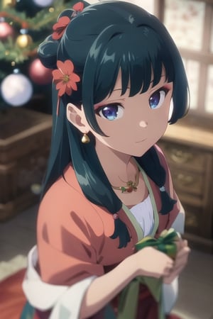 maomao, long hair, bangs, blue eyes, hair ornament, green hair, blunt bangs, hair bun, 1girl in full growth, best quality, 
embarrassed,  makeup, hair ornament, hair flower, earrings, necklace, shawl, pink hanfu,  floral background, 
upper body, (holding christmas gift), leaning forward, from above, santa claus hat, 
masterpiece, ultra-detailed, high quality, perfect nose, highly detailed skin, warm skin tone, defiance512, RAW photo, best quality, high resolution, (masterpiece), dreamlike, dreamy, modelshoot style, analog style, tonemapping, photorealistic, professional photography, sharp focus, HDR, 8K resolution, intricate detail, sophisticated detail, hyper detailed, (depth of field), highlight and shadow, volumetric lighting, cinematic bloom, professional light, looking at viewer, 
