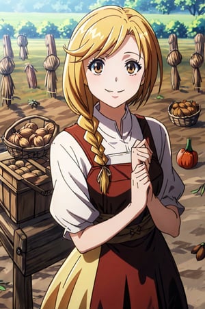 ((Bounty, harvest)), ((surrounded by nuts, Vegetables, Grains, dried meat)), Enri Emmot, beutiful woman, 1girl, solo, smile, score_9, score_8_up, score_7_up, source_anime, best quality, masterpiece, 1girl, enri emmot, overlord, brown eyes, blonde hair, facing viewer, beautiful lighting, side plait, plaited hair, smile, outdoors, field, clear sky, dress, very aesthetic, anime screencap,