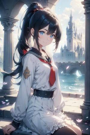 anime style beautiful woman, 1girl, (ponytail), black hair, (long hair), (smile), (beach), (castle hall, city ​​street,（square：1.3）,stairs, ruins, pillar, scenery, Castle ruins in the background,cinematic lighting),  
Slender, skinny, (turime), thick eyebrows, 
(school uniform), (sailor uniform), ((red sailor tie)), (white sailor blouse), 
vibrant colors, sharp focus, best quality, depth of field, cinematic lighting, (illustration, 8k CG, extremely detailed), ultra-detailed, high resolution, firefliesfireflies, perfect light, 
stylish pose, 8k, very clear, highest quality, high resolution. best quality, illustration, sax blue, 1girl, cute, (dynamic lighting:1.2), cinematic lighting, delicate facial features, detailed eyes, sharp pupils, realistic pupils, depth of field, bokeh, sharp focus, (hyper-detailed, bloom, glow:1.4), many small gems