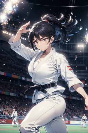 Paris Olympics, (((judo))),  
anime style beautiful woman, (solo), 1girl, (ponytail), black hair, (long hair), 
Slender, skinny, (turime), thick eyebrows, 
dougi, black belt, white pants, 
Judo combat pose, judo uniform with tricolor line, dynamic pose, motion blur, emphasis line, sparks, plasma, aura, 
Olympic Stadium, 
JudoCh