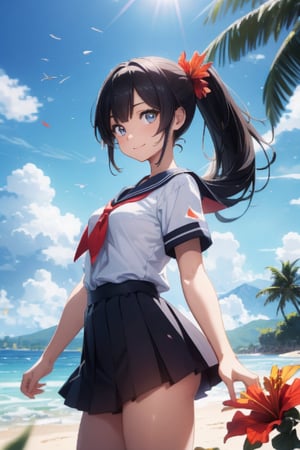 anime style beautiful woman, 1girl, (ponytail), black hair, (long hair), (smile), 
(beach), (outdoor, blue sky, beautiful fantasy tropics, sweet smile, vivid color, sunshine, flowers, hibiscus, scenery, Beautiful Beach)),  
Slender, skinny, (turime), thick eyebrows, (from below). 
(school uniform), (sailor uniform), ((red sailor tie)), (white sailor blouse), 
vibrant colors, sharp focus, best quality, depth of field, cinematic lighting, (illustration, 8k CG, extremely detailed), ultra-detailed, high resolution, firefliesfireflies, perfect light, 
stylish pose, 8k, very clear, highest quality, high resolution. best quality, illustration, sax blue, 1girl, cute, (dynamic lighting:1.2), cinematic lighting, delicate facial features, detailed eyes, sharp pupils, realistic pupils, depth of field, bokeh, sharp focus, (hyper-detailed, bloom, glow:1.4), many small gem
