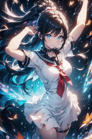 anime style beautiful woman, 1girl, (ponytail), black hair, (long hair), smile, (arms raised in the air), full body, 
Slender, skinny, (turime), thick eyebrows, 
(school uniform), (sailor uniform), ((red sailor tie)), (white sailor blouse)
, in park, face, close up, front view, 
vibrant colors, female, masterpiece, sharp focus, best quality, depth of field, cinematic lighting, ((solo, one woman )), (illustration, 8k CG, extremely detailed), ultra-detailed, high resolution, firefliesfireflies,perfect light
The rays of hope in the entire universe converged on the goddess's chest, and a brand new sun was born from the goddess's chest ,(petals | rain), (Bubble | crystal), (Glory|White Cloud),
stylish pose, 8k, very clear, looking at viewer, simple background, solo, highest quality, high resolution. best quality, illustration, sax blue, 1girl, cute, (dynamic lighting:1.2), cinematic lighting, delicate facial features, detailed eyes, sharp pupils, realistic pupils, depth of field, bokeh, sharp focus, (hyper-detailed, bloom, glow:1.4), many small gems,