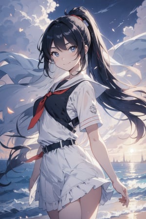 anime style beautiful woman, 1girl, (ponytail), black hair, (long hair), (smile), (beach), (A blanket of clouds stretching across the sky, diffusing sunlight and creating a soft, subdued atmosphere)),  
Slender, skinny, (turime), thick eyebrows, 
(school uniform), (sailor uniform), ((red sailor tie)), (white sailor blouse), 
vibrant colors, sharp focus, best quality, depth of field, cinematic lighting, (illustration, 8k CG, extremely detailed), ultra-detailed, high resolution, firefliesfireflies, perfect light, 
stylish pose, 8k, very clear, highest quality, high resolution. best quality, illustration, sax blue, 1girl, cute, (dynamic lighting:1.2), cinematic lighting, delicate facial features, detailed eyes, sharp pupils, realistic pupils, depth of field, bokeh, sharp focus, (hyper-detailed, bloom, glow:1.4), many small gems