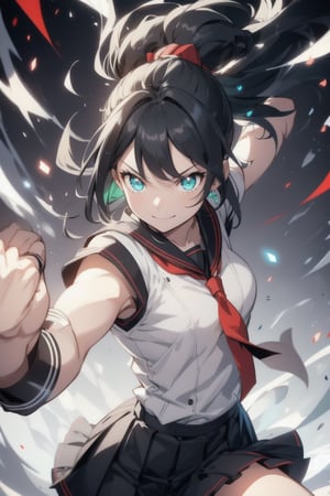 anime style beautiful woman, 1girl, (ponytail), black hair, (long hair), 
(smile), 
Slender, skinny, (turime), thick eyebrows, 
(school uniform), (sailor uniform), ((red sailor tie)), (white sailor blouse), 
(((upper punch, punching, fighting stance, motion blur, speed line, arm lift, arm up))), 
vibrant colors, sharp focus, best quality, depth of field, cinematic lighting, (illustration, 8k CG, extremely detailed), ultra-detailed, high resolution, firefliesfireflies, perfect light, 
stylish pose, 8k, very clear, highest quality, high resolution. best quality, illustration, sax blue, 1girl, cute, (dynamic lighting:1.2), cinematic lighting, delicate facial features, detailed eyes, sharp pupils, realistic pupils, depth of field, bokeh, sharp focus, (hyper-detailed, bloom, glow:1.4), many small gems,1boy grey hair green eyes earrings,aausagi,sfr1v
