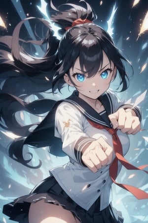 anime style beautiful woman, 1girl, (ponytail), black hair, (long hair), 
(smile), 
Slender, skinny, (turime), thick eyebrows, 
(school uniform), (sailor uniform), ((red sailor tie)), (white sailor blouse), 
 ((rushpunch, punching,
clenched hands, too much, multiple hands, extra arms, foreshortening, incoming attack,
aura, afterimage, motion lines, speed lines, motion_blur, energy, glowing,)), 
vibrant colors, sharp focus, best quality, depth of field, cinematic lighting, (illustration, 8k CG, extremely detailed), ultra-detailed, high resolution, firefliesfireflies, perfect light, 
stylish pose, 8k, very clear, highest quality, high resolution. best quality, illustration, sax blue, 1girl, cute, (dynamic lighting:1.2), cinematic lighting, delicate facial features, detailed eyes, sharp pupils, realistic pupils, depth of field, bokeh, sharp focus, (hyper-detailed, bloom, glow:1.4), many small gems,rushpunch