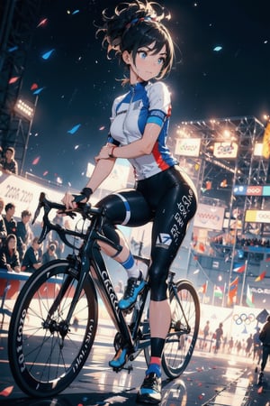 Paris Olympics, (((cycling))), Olympic cycling road competition,
anime style beautiful woman, 1girl, (ponytail), black hair, (long hair), 
Slender, skinny, (turime), thick eyebrows, 

wearing blue sport attire with tricolor lines, blue pants, playing sports, single glove, fingerless gloves, (wet), tight_clothes,
player uniform, 
riding a bike, wearing a cycling kit, wholesome, wet with sweat, ((at the finish line of a bike race)),
(riding a bicycle across the road),
motion blur, emphasis line, sparks, plasma, aura,
((Olympic Stadium, outdoors, crowd in distant stands, stadium, olympic venues)), 
,Midjourney,

vibrant colors, sharp focus, best quality, depth of field, cinematic lighting, (illustration, 8k CG, extremely detailed), ultra-detailed, high resolution, firefliesfireflies, perfect light, 
stylish pose, 8k, very clear, highest quality, high resolution. best quality, illustration, sax blue, 1girl, cute, (dynamic lighting:1.2), cinematic lighting, delicate facial features, detailed eyes, sharp pupils, realistic pupils, depth of field, bokeh, sharp focus, (hyper-detailed, bloom, glow:1.4), many small gems,