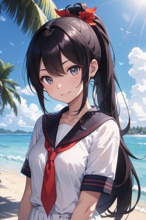 anime style beautiful woman, 1girl, (ponytail), black hair, (long hair), (smile), 
(beach), (outdoor, blue sky, beautiful fantasy tropics, sweet smile, vivid color, sunshine, flowers, hibiscus, scenery, Beautiful Beach)),  
Slender, skinny, (turime), thick eyebrows, (from below). 
(school uniform), (sailor uniform), ((red sailor tie)), (white sailor blouse), 
vibrant colors, sharp focus, best quality, depth of field, cinematic lighting, (illustration, 8k CG, extremely detailed), ultra-detailed, high resolution, firefliesfireflies, perfect light, 
stylish pose, 8k, very clear, highest quality, high resolution. best quality, illustration, sax blue, 1girl, cute, (dynamic lighting:1.2), cinematic lighting, delicate facial features, detailed eyes, sharp pupils, realistic pupils, depth of field, bokeh, sharp focus, (hyper-detailed, bloom, glow:1.4), many small gem