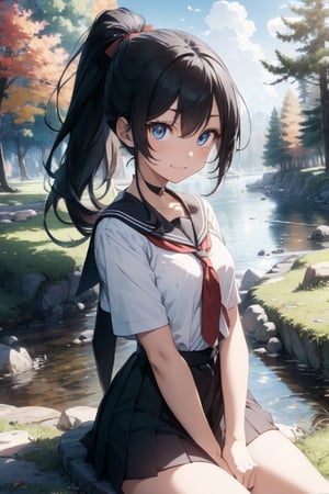 anime style beautiful woman, 1girl, (ponytail), black hair, (long hair), 
(smile), 
Slender, skinny, (turime), thick eyebrows, 
(school uniform), (sailor uniform), ((red sailor tie)), (white sailor blouse), 
 outdoor, forest, nature, sun, sky, clouds, grass, trees, river, rocks,
looking at viewer, (cowboy shot:1.4), (masterpiece:1.2), best quality, high resolution, unity 8k wallpaper, (illustration:0.8), (beautiful detailed eyes:1.4), extremely detailed face, perfect lighting, extremely detailed CG, (perfect hands, perfect anatomy), breakdomain, light, long hair,  sitting, arms behind head, 