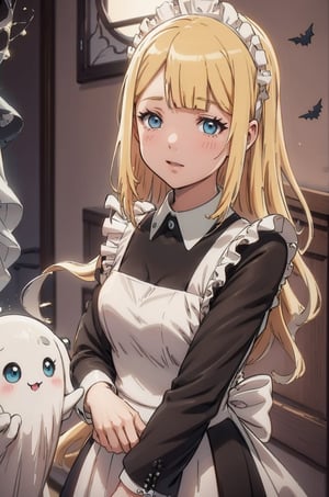  ((hounted house)), ((ghost)), Tuareninya Veyron, (masterpiece), (best quality), hands to mouth, 8k illustration, 1girl, solo,  blue eyes, long hair, blonde hair, ((maid dress)), outfit, uniform, valentine theme, indoors, Valentine tone, Valentine decoration, darkness,Cute_Ghost, no humans, ghost, floating, halloween, pokemon (creature), cute