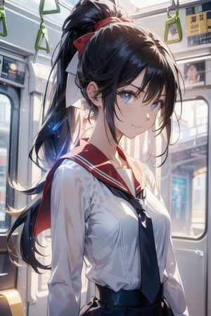 anime style beautiful woman, 1girl, (ponytail), black hair, (long hair), (smile),  E235, train interior, angle from side, profile, dimly lit, evening, dusk, magic hour, red sunset sky,e235, (face), ((close up)), 
Slender, skinny, Flat Chest, small breasts, (turime), thick eyebrows, 
(school uniform), (sailor uniform), ((red sailor tie)), (white sailor blouse), 
vibrant colors, sharp focus, best quality, depth of field, cinematic lighting, (illustration, 8k CG, extremely detailed), ultra-detailed, high resolution, firefliesfireflies, perfect light, 
stylish pose, 8k, very clear, highest quality, high resolution. best quality, illustration, sax blue, 1girl, cute, (dynamic lighting:1.2), cinematic lighting, delicate facial features, detailed eyes, sharp pupils, realistic pupils, depth of field, bokeh, sharp focus, (hyper-detailed, bloom, glow:1.4), many small gems, e235