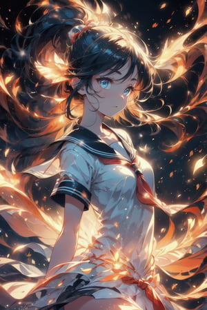 anime style beautiful woman, 1girl, (ponytail), black hair, (long hair), 
glowwave, 
Slender, skinny, (turime), thick eyebrows, 
(school uniform), (sailor uniform), ((red sailor tie)), (white sailor blouse), 
vibrant colors, sharp focus, best quality, depth of field, cinematic lighting, (illustration, 8k CG, extremely detailed), ultra-detailed, high resolution, firefliesfireflies, perfect light, 
stylish pose, 8k, very clear, highest quality, high resolution. best quality, illustration, sax blue, 1girl, cute, (dynamic lighting:1.2), cinematic lighting, delicate facial features, detailed eyes, sharp pupils, realistic pupils, depth of field, bokeh, sharp focus, (hyper-detailed, bloom, glow:1.4), many small gems,breakdomain,glowwave