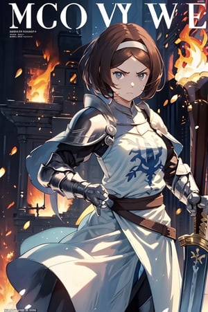 magazine cover, masterpiece, best quality, headband, 
1girl, solo
1girl on a castle wall, medieval castle, gloomy lighting, (afternoon:1.2), 
Remedios, short hair, hair band, brown hair, armor, serious face, looking at viewer,
((holding sword)), buster sword, fire, flames, smoke, magazine cover