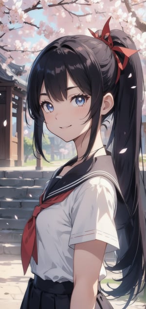 anime style beautiful woman, 1girl, (ponytail), black hair, (long hair), (smile), (Simple Sakura, cherry blossoms, temple, tree, stairs, sky), 
Slender, skinny, Flat Chest, small breasts, (turime), thick eyebrows, 
(school uniform), (sailor uniform), ((red sailor tie)), (white sailor blouse), 
vibrant colors, sharp focus, best quality, depth of field, cinematic lighting, (illustration, 8k CG, extremely detailed), ultra-detailed, high resolution, firefliesfireflies, perfect light, 
stylish pose, 8k, very clear, highest quality, high resolution. best quality, illustration, sax blue, 1girl, cute, (dynamic lighting:1.2), cinematic lighting, delicate facial features, detailed eyes, sharp pupils, realistic pupils, depth of field, bokeh, sharp focus, (hyper-detailed, bloom, glow:1.4), many small gems, 