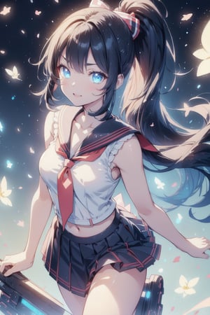 anime style beautiful woman, (1girl), (ponytail), black hair, (long hair), 
(smile), 
Slender, skinny, (turime), thick eyebrows, 
(school uniform), (sailor uniform), ((red sailor tie)), (white sailor blouse), cleavage cutout, navel,  sleeveless, bare shoulders, 
vibrant colors, sharp focus, best quality, depth of field, cinematic lighting, (illustration, 8k CG, extremely detailed),
8k, very clear, highest quality, high resolution. best quality, illustration, sax blue, 1girl, cute, (dynamic lighting:1.2), cinematic lighting, delicate facial features, detailed eyes, sharp pupils, realistic pupils, depth of field, bokeh, sharp focus, (hyper-detailed, bloom, glow:1.4), many small gems