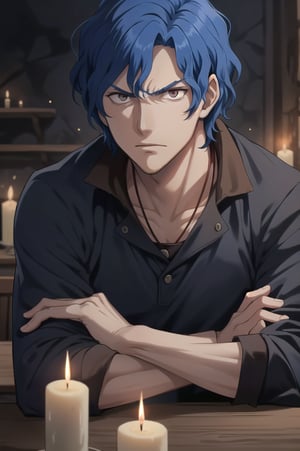 CANDLE, Brain Unglaus, Overlord, 1boy, solo, wavy hair, blue hair, 
masterpiece, best quality, ultra-detailed, glowing light, (detailed background, complex background:1.2), (perfect face, detailed face), upper body, sitting, bar, saloon, serious face, one CANDLE on table, 
