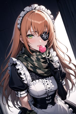  score_9, score_8_up, score_7_up, score_6_up, rating_explicit, masterpiece, best quality, beautiful lighting, 
1girl, solo, cz2128_delta \(overlord\), long hair, orange hair, green eyes, eyepatch,
maid, dress, maid headdress, camouflage, green scarf, gloves, boots, 
(holding colorful candy lollipop:1.3), looking at viewer, upper body, dutch angle,