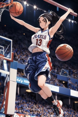 Paris Olympics, (((basketball))),  
anime style beautiful woman, (solo), 1girl, (ponytail), black hair, (long hair), 
Slender, skinny, (turime), thick eyebrows, 
wearing white basketball sport attire, basketball uniform,  low rise pants, lace tube top, 
dynamic pose, motion blur, emphasis line, sparks, plasma, aura, 

(((slamdunk on basketball hoop))), (((raise arms))), (((holding a basketball))),
Olympic Stadium, outdoor basketball court,