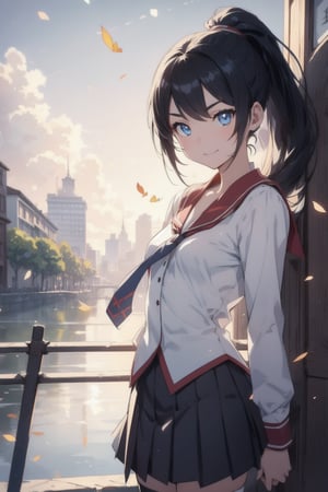 anime style beautiful woman, 1girl, (ponytail), black hair, (long hair), 
(smile),
Slender, skinny, (turime), thick eyebrows, 
(school uniform), (sailor uniform), ((red sailor tie)), (white sailor blouse), 
 long sleeves, necktie, school uniform, pleated skirt, juliet sleeves, black thighhighs, pink shirt, 
outdoors, sky, day, cloud, water, tree, grass, building, scenery, walking, road, autumn leaves, autumn, blurred, 
vibrant colors, sharp focus, best quality, depth of field, cinematic lighting, (illustration, 8k CG, extremely detailed), ultra-detailed, high resolution, firefliesfireflies, perfect light, 
stylish pose, 8k, very clear, highest quality, high resolution. best quality, illustration, sax blue, 1girl, cute, (dynamic lighting:1.2), cinematic lighting, delicate facial features, detailed eyes, sharp pupils, realistic pupils, depth of field, bokeh, sharp focus, (hyper-detailed, bloom, glow:1.4), many small gems,pastelbg