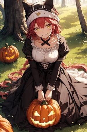 sitting, light smile, Woman dressed in a spooky Halloween costume, holding a carved pumpkin, surrounded by pumpkin, from above, 
lupusregina beta, evil grin, acrobatic pose, outdoors, forest, trees, BETA, masterpiece, best quality, high quality, highres, absurdres, 1girl, solo, animal hat, anime coloring, maid, upper body, puffy short sleeves, black headwear, collarbone, parody, official style, black choker, alternate costume, bridal gauntlets, black dress, white shirt, ess, dress, frills, long sleeves, maid, maid headdress, puffy sleeves, looking at viewer, masterpiece, best quality, high resolution, 
