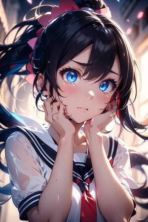 anime style beautiful woman, 1girl, (ponytail), black hair, (long hair),  (sad), (cry), tears, ((face)), (close up), (((hands on her face))), 
Slender, skinny, Flat Chest, small breasts, (turime), thick eyebrows, 
(school uniform), (sailor uniform), ((red sailor tie)), (white sailor blouse), sleeveless, bare shoulders, delicate and sexy collarbone, wet, tight_clothes, 
simple background, (((front view))), from above. 
8k, very clear, looking at viewer, simple background, solo, highest quality, high resolution. best quality, illustration, sax blue, 1girl, cute, (dynamic lighting:1.4), cinematic lighting, delicate facial features, detailed eyes, sharp pupils, realistic pupils, depth of field, bokeh, sharp focus, (hyper-detailed, bloom, glow:1.4), many small gems, 