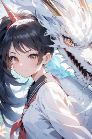 anime style beautiful woman, 1girl, (ponytail), black hair, (long hair), (smile),
Slender, skinny, (turime), thick eyebrows, 
(school uniform), (sailor uniform), ((red sailor tie)), (white sailor blouse), 
 (((black dragon, accentuating the visual allure of this unique fusion of ancient legend and modern hacking in the dragon's realm))), 
vibrant colors, sharp focus, best quality, depth of field, cinematic lighting, (illustration, 8k CG, extremely detailed), ultra-detailed, high resolution, firefliesfireflies, perfect light, 
stylish pose, 8k, very clear, highest quality, high resolution. best quality, illustration, sax blue, 1girl, cute, (dynamic lighting:1.2), cinematic lighting, delicate facial features, detailed eyes, sharp pupils, realistic pupils, depth of field, bokeh, sharp focus, (hyper-detailed, bloom, glow:1.4), many small gems,leviathandef,dragonbaby