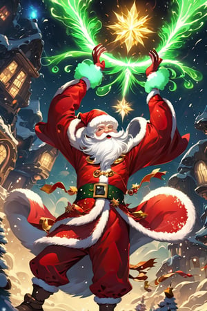 christmas, Santa Claus costume, 1 girl, nature, masterpiece, best quality, glowing, dual wielding, 32k, art style