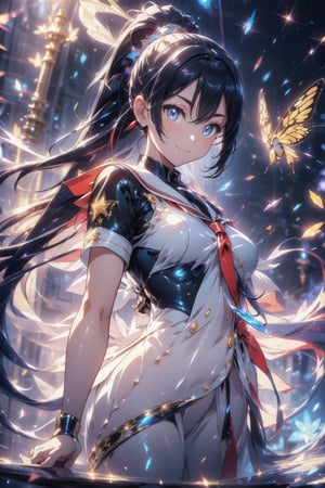 anime style beautiful woman, 1girl, (ponytail), black hair, (long hair), 
smile, 
(- glitter, highres, shiny), 
Slender, skinny, (turime), thick eyebrows, 
(school uniform), (sailor uniform), ((red sailor tie)), (white sailor blouse), 
vibrant colors, sharp focus, best quality, depth of field, cinematic lighting, (illustration, 8k CG, extremely detailed), ultra-detailed, high resolution, firefliesfireflies, perfect light, 
stylish pose, 8k, very clear, highest quality, high resolution. best quality, illustration, sax blue, 1girl, cute, (dynamic lighting:1.2), cinematic lighting, delicate facial features, detailed eyes, sharp pupils, realistic pupils, depth of field, bokeh, sharp focus, (hyper-detailed, bloom, glow:1.4), many small gem