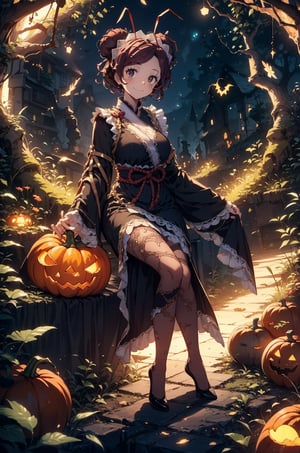 sitting, light smile, witch, Woman dressed in a spooky Halloween costume, holding a carved pumpkin, surrounded by pumpkin,
Entoma Vasilissa Zeta, girl, burgundy hair, short hair, twin buns, insect antennae, porcelain face, red-black eyes, black eyes scars
Slender, skinny, chinese dress, maid hairband,
(masterpiece), (best quality), 8k illustration,
solo,1girl, 
sleeves, large sleeves, looking at viewer, full body,
light,detail,atmosphere,effects,color, ((gigantic spider shadow behind)), 
darkness, night, 