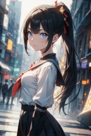 anime style beautiful woman, 1girl, (ponytail), black hair, (long hair), 

Slender, skinny, (turime), thick eyebrows, 
(school uniform), (sailor uniform), ((red sailor tie)), (white sailor blouse), 
vibrant colors, sharp focus, best quality, depth of field, cinematic lighting, (illustration, 8k CG, extremely detailed), ultra-detailed, high resolution, firefliesfireflies, perfect light, 
stylish pose, 8k, very clear, highest quality, high resolution. best quality, illustration, sax blue, 1girl, cute, (dynamic lighting:1.2), cinematic lighting, delicate facial features, detailed eyes, sharp pupils, realistic pupils, depth of field, bokeh, sharp focus, (hyper-detailed, bloom, glow:1.4), many small gems