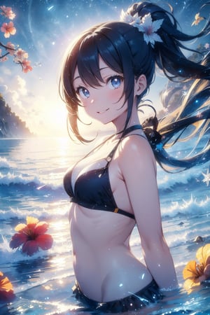anime style beautiful woman, 1girl, (ponytail), black hair, (long hair), (smile), (beach), (outdoor, blue sky, beautiful fantasy tropics, sweet smile, vivid color, sunshine, flowers, hibiscus, scenery, Beautiful Beach)),  
Slender, skinny, (turime), thick eyebrows, 
white bikini, 
vibrant colors, sharp focus, best quality, depth of field, cinematic lighting, (illustration, 8k CG, extremely detailed), ultra-detailed, high resolution, firefliesfireflies, perfect light, 
stylish pose, 8k, very clear, highest quality, high resolution. best quality, illustration, sax blue, 1girl, cute, (dynamic lighting:1.2), cinematic lighting, delicate facial features, detailed eyes, sharp pupils, realistic pupils, depth of field, bokeh, sharp focus, (hyper-detailed, bloom, glow:1.4), many small gems,Beautiful Beach,watercolor,DonMSn0wM4g1c,breakdomain