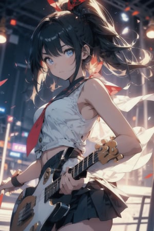 anime style beautiful woman, (1girl), (ponytail), black hair, (long hair), 
Slender, skinny, (turime), thick eyebrows, 
(school uniform), (sailor uniform), ((red sailor tie)), (white sailor blouse), cleavage cutout, navel,  sleeveless, bare shoulders, 
(((guitar, instrument, electric guitar, bass guitar, amplifier, gibson les paul, drum, acoustic guitar, speaker))), 
vibrant colors, sharp focus, best quality, depth of field, cinematic lighting, (illustration, 8k CG, extremely detailed), ultra-detailed, high resolution, firefliesfireflies, perfect light, 
stylish pose, 8k, very clear, highest quality, high resolution. best quality, illustration, sax blue, 1girl, cute, (dynamic lighting:1.2), cinematic lighting, delicate facial features, detailed eyes, sharp pupils, realistic pupils, depth of field, bokeh, sharp focus, (hyper-detailed, bloom, glow:1.4), many small gems