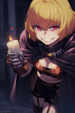 holding a candlestick with a burning candle. The flickering flame casts a warm glow on her face.
Clementine, pov, girl, red eyes, pupils, blond hair, short hair, masterpiece, best quality, highly detailed, absurdres, illustration, official art, high resolution, depth of field, midriff, garter belt, armor, leg armor, cloak, sinister tone, detailed background, best quality, high resolution.,breakdomain,clementine, evil grin, blushing, face, close up, leaning forward, 