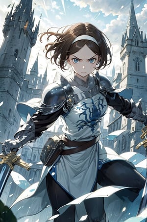 masterpiece, best quality, headband, 
1girl, solo
Remedios, short hair, hair band, brown hair, armor, serious face, looking at viewer,
((holding sword)), buster sword, sky, forest, 
Castles, towers, medieval castle, outdoors, gloomy lighting, (afternoon:1.2), dynamic pose,perfect light