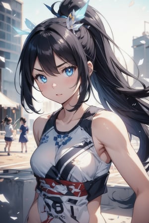 anime style beautiful woman, 1girl, (ponytail), black hair, (long hair), 

Slender, skinny, (turime), thick eyebrows, 

vibrant colors, sharp focus, best quality, depth of field, cinematic lighting, (illustration, 8k CG, extremely detailed), ultra-detailed, high resolution, firefliesfireflies, perfect light, 
stylish pose, 8k, very clear, highest quality, high resolution. best quality, illustration, sax blue, 1girl, cute, (dynamic lighting:1.2), cinematic lighting, delicate facial features, detailed eyes, sharp pupils, realistic pupils, depth of field, bokeh, sharp focus, (hyper-detailed, bloom, glow:1.4), many small gems,girl