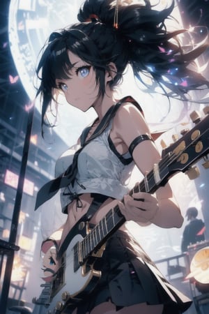 anime style beautiful woman, (1girl), (ponytail), black hair, (long hair), 
Slender, skinny, (turime), thick eyebrows, 
(school uniform), (sailor uniform), ((red sailor tie)), (white sailor blouse), cleavage cutout, navel,  sleeveless, bare shoulders, 
(((guitar, instrument, electric guitar, bass guitar, amplifier, gibson les paul, drum, acoustic guitar, speaker))), 
vibrant colors, sharp focus, best quality, depth of field, cinematic lighting, (illustration, 8k CG, extremely detailed), ultra-detailed, high resolution, firefliesfireflies, perfect light, 
stylish pose, 8k, very clear, highest quality, high resolution. best quality, illustration, sax blue, 1girl, cute, (dynamic lighting:1.2), cinematic lighting, delicate facial features, detailed eyes, sharp pupils, realistic pupils, depth of field, bokeh, sharp focus, (hyper-detailed, bloom, glow:1.4), many small gems