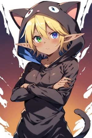 ((wearing cat costume)), black cat costume, hood, Aura Bella Fiora \(overlord\), 1girl, solo, short hair, blonde hair, hair between eyes, blue eyes, green eyes, heterochromia, dark skin, elf, 
looking at viewer, serious face, blush, crossed arms, 


face, close up, simple background, standing, stylish pose, 
score_9,score_8_up,score_7_up,source_anime, dutch angle, 