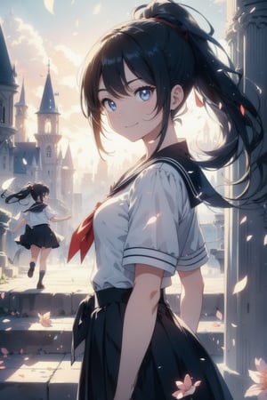 anime style beautiful woman, 1girl, (ponytail), black hair, (long hair), (smile), (beach), (castle hall, city ​​street,（square：1.3）,stairs, ruins, pillar, scenery, Castle ruins in the background,cinematic lighting),  
Slender, skinny, (turime), thick eyebrows, 
(school uniform), (sailor uniform), ((red sailor tie)), (white sailor blouse), 
vibrant colors, sharp focus, best quality, depth of field, cinematic lighting, (illustration, 8k CG, extremely detailed), ultra-detailed, high resolution, firefliesfireflies, perfect light, 
stylish pose, 8k, very clear, highest quality, high resolution. best quality, illustration, sax blue, 1girl, cute, (dynamic lighting:1.2), cinematic lighting, delicate facial features, detailed eyes, sharp pupils, realistic pupils, depth of field, bokeh, sharp focus, (hyper-detailed, bloom, glow:1.4), many small gem