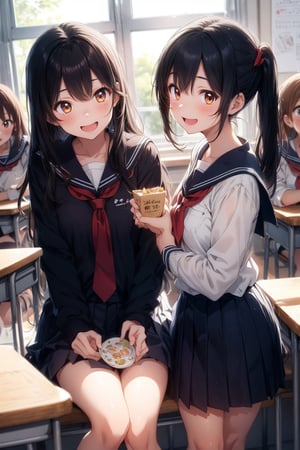 anime style beautiful woman, 1girl, 
Slender, skinny, (turime), thick eyebrows, 
(school uniform), (sailor uniform), ((red sailor tie)), (white sailor blouse), 
1girl, An illustration inspired by "After School Tea Time" depicts high school girls enjoying each other's company in a classroom after school. The soft light of the setting sun streams through the windows, bathing the room in a warm orange glow. The girls are relaxed and laughing together. One girl is talking while holding a snack, and another is smiling and nodding. In the background, the blackboard and bulletin board evoke the typical school setting. This illustration beautifully captures the warm, precious moments spent with friends after school.
(bokeh:1.1), ,breakdomain,light