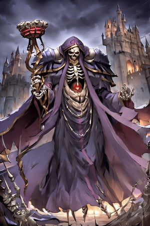 masterpiece, best quality, detailed
ainz ooal gown \(overlord\), 1boy, red eyes, skull, skeleton, glowing, hood, shoulder armor, robe, staff, 
Castles, towers, medieval castle, outdoors, gloomy lighting, (afternoon:1.2), dynamic pose,perfect light, 
