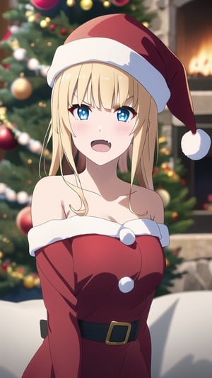 1girl, solo, Santa Claus costume, hat, blonde hair, blue eyes, open mouth, anime coloring, sidelocks, sawamura spencer eriri, fang, collarbone, ot, blurry, blush, bangs, blurry background, rock, upper body, v-shaped eyebrows, long hair, bare shoulders, looking to the side,  looking_at_viewer, depth of field, water, bush, (masterpiece:1.6, best quality), (finely detailed beautiful eyes: 1.2),  large_breast,  Santa Claus costume, christmas giht