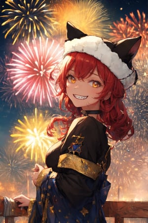 ((Fireworks)), (Massive fireworks, blue sky filled with fireworks, festival of lights), Lupusregina beta, evil grin, upper body, BETA, masterpiece, best quality, high quality, highres, absurdres, 1girl, solo, animal hat, anime coloring, black headwear, golden choker, looking at viewer, masterpiece, best quality, high resolution, r1ge,sari