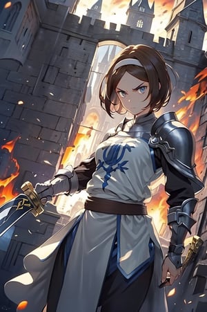 masterpiece, best quality, headband, 
1girl, solo
Remedios, short hair, hair band, brown hair, armor, serious face, looking at viewer,
((holding sword)), buster sword, fire, flames, smoke, 
Castles, walls, towers, castle wall, medieval castle, outdoors, gloomy lighting, (afternoon:1.2), dynamic pose,perfect light