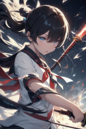 anime style beautiful woman, 1girl, (ponytail), black hair, (long hair), 
Slender, skinny, (turime), thick eyebrows, 
(school uniform), (sailor uniform), ((red sailor tie)), (white sailor blouse), 
 (((fighting, dust, smoke, weapon, katana, holding weapon,  dynamic pose, motion blur, emphasis line, sparks, plasma, aura))), 
vibrant colors, sharp focus, best quality, depth of field, cinematic lighting, (illustration, 8k CG, extremely detailed), ultra-detailed, high resolution, firefliesfireflies, perfect light, 
stylish pose, 8k, very clear, highest quality, high resolution. best quality, illustration, sax blue, 1girl, cute, (dynamic lighting:1.2), cinematic lighting, delicate facial features, detailed eyes, sharp pupils, realistic pupils, depth of field, bokeh, sharp focus, (hyper-detailed, bloom, glow:1.4), many small gems,leviathandef,dragonbaby,seek,fight scene